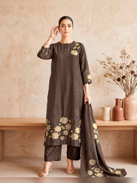 Women's Dark Brown Silk Blend Embellished Kurta with Trouser and Dupatta