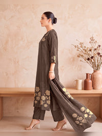 Women's Dark Brown Silk Blend Embellished Kurta with Trouser and Dupatta