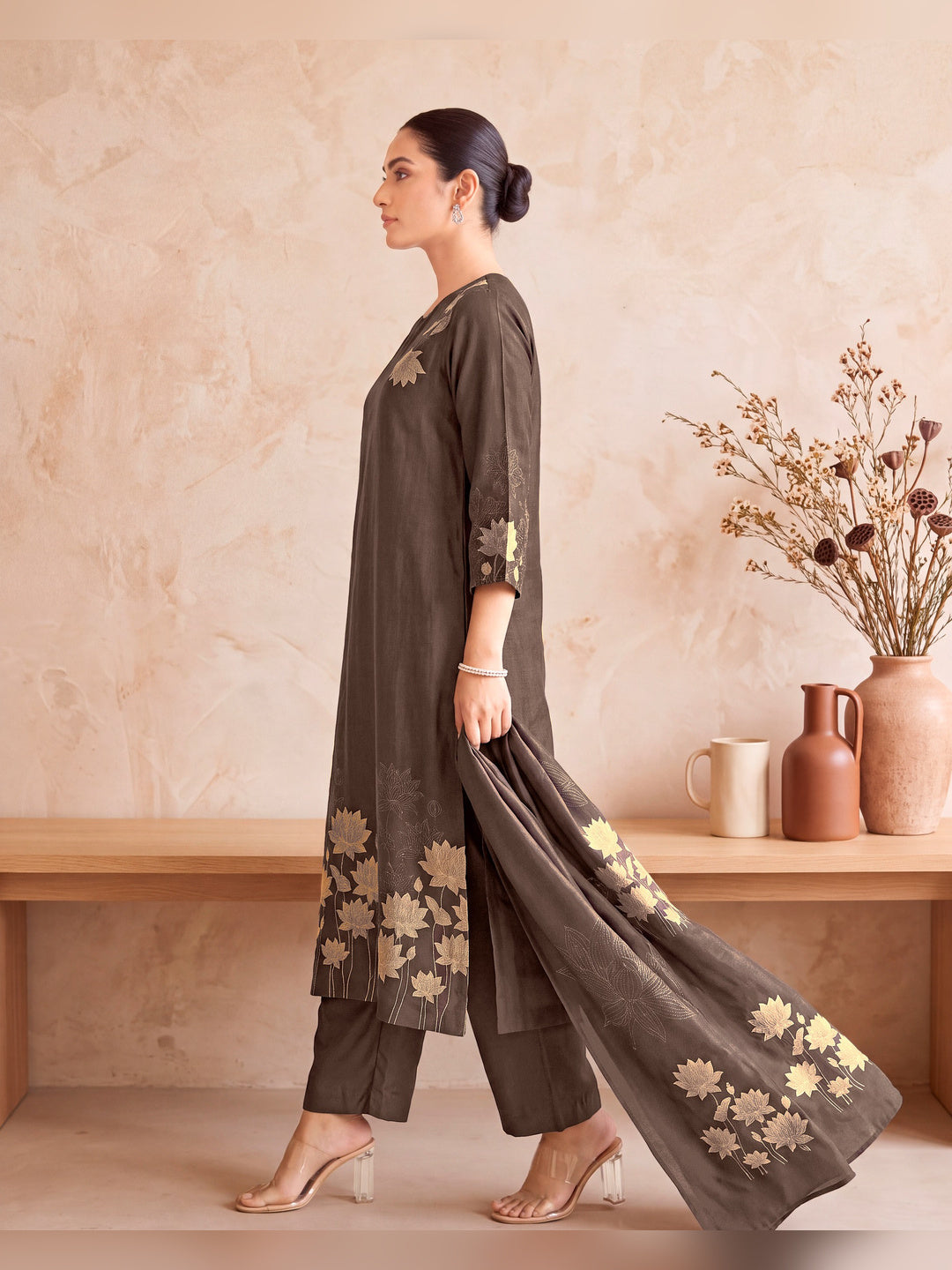Women's Dark Brown Silk Blend Kurta with Trouser and Dupatta