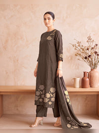 Women's Dark Brown Silk Blend Embellished Kurta with Trouser and Dupatta