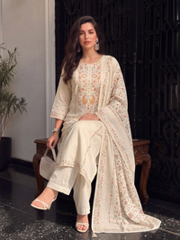 Women's Light Ivory Linen Embellished Kurta with Trouser and Dupatta
