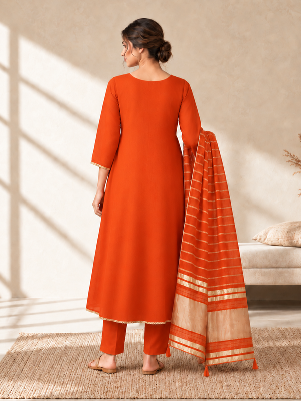 Orange Chanderi Silk Embroidered Anarkali Suit with Striped Dupatta