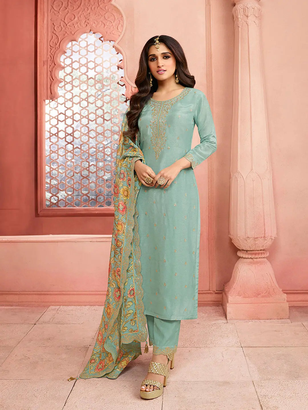 Turquoise Yoke design with cording embroidery Kurta Suit Set Product vendor