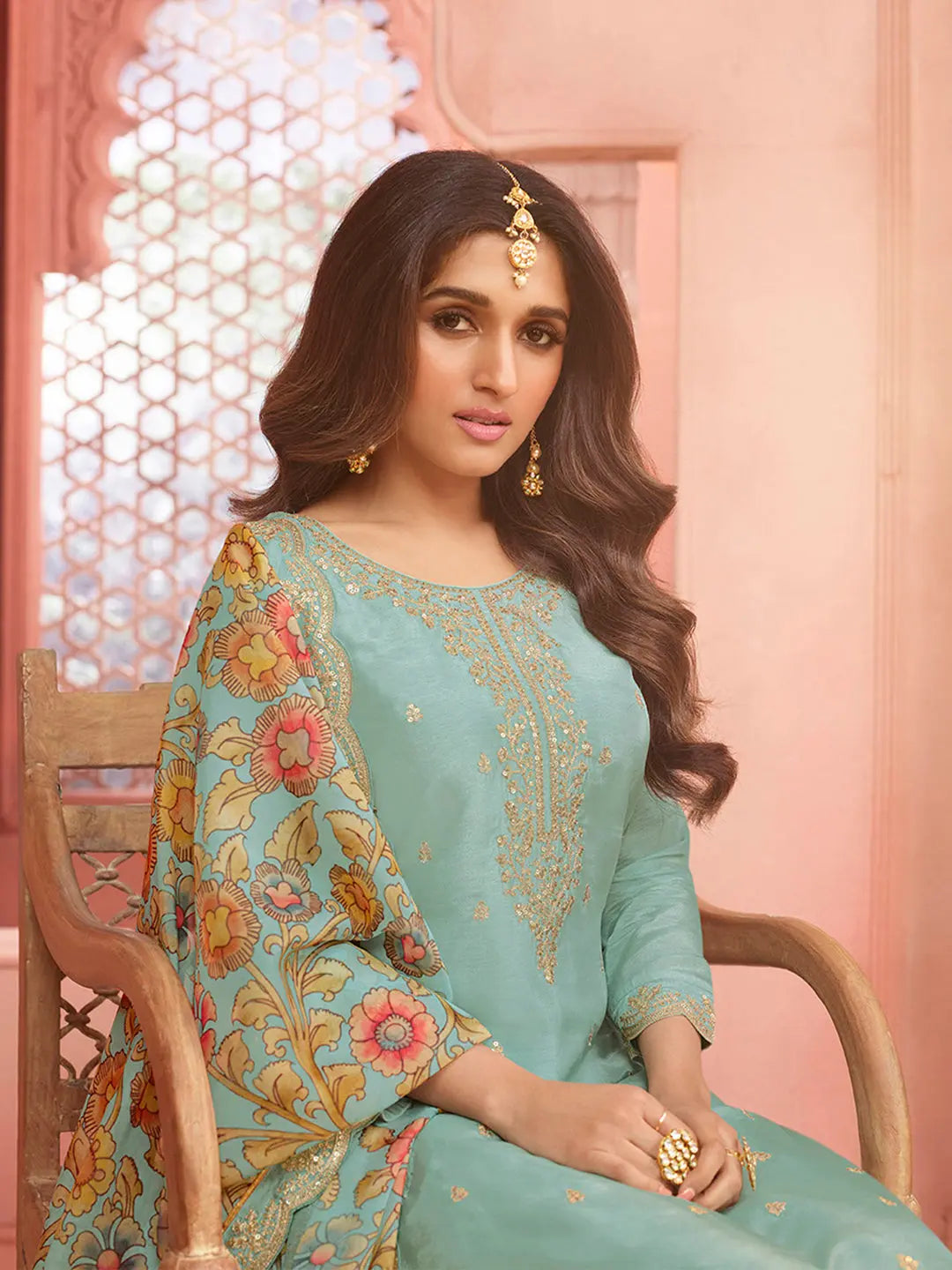 Turquoise Yoke design with cording embroidery Kurta Suit Set Product vendor