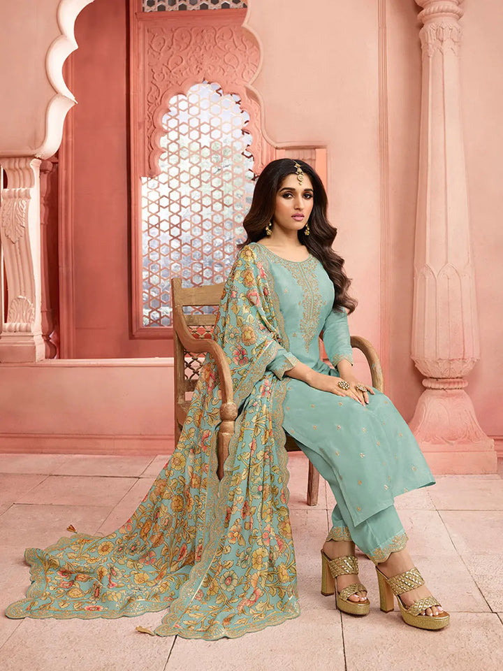 Turquoise Yoke design with cording embroidery Kurta Suit Set Product vendor