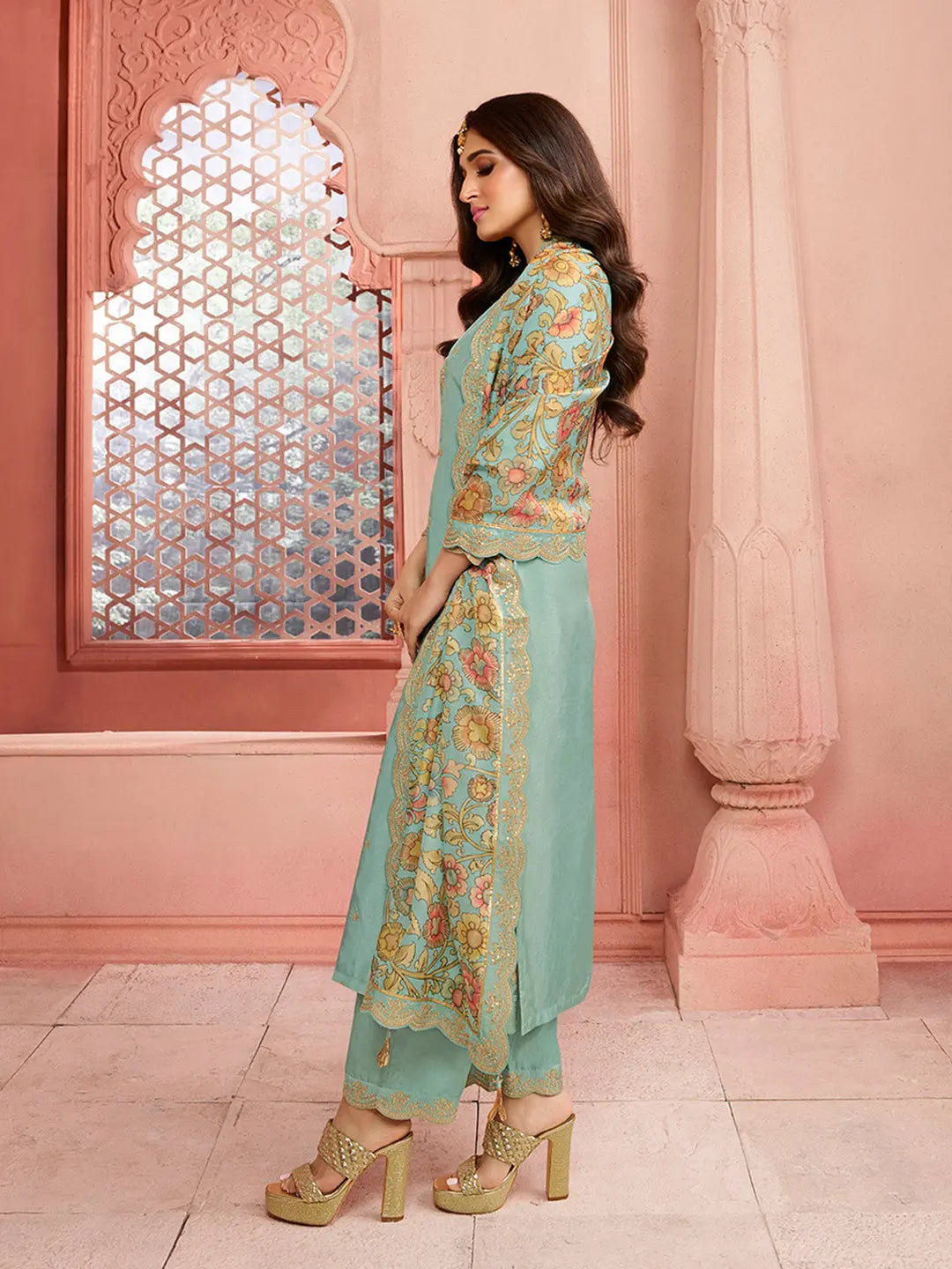 Turquoise Yoke design with cording embroidery Kurta Suit Set Product vendor