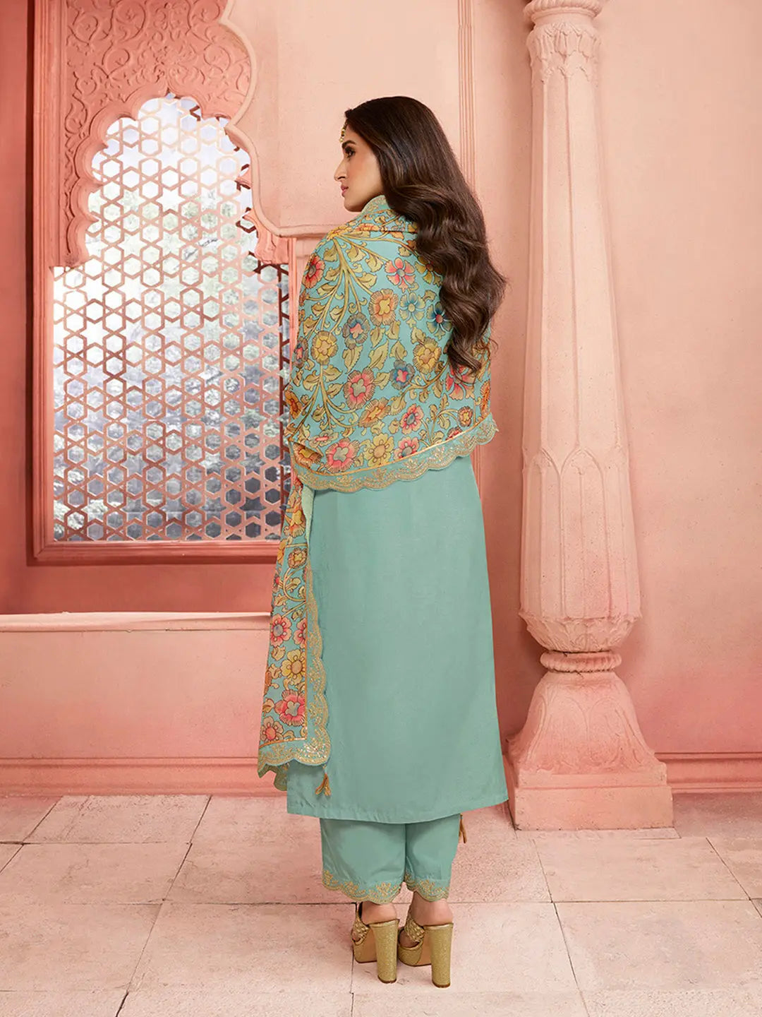 Turquoise Yoke design with cording embroidery Kurta Suit Set Product vendor