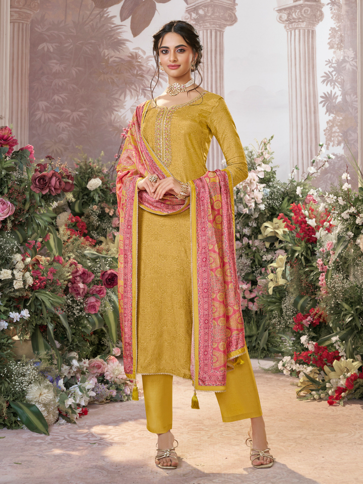 Yellow Russian Silk Kurta Set Paired With Russian Silk Digital Printed Contrast Dupatta