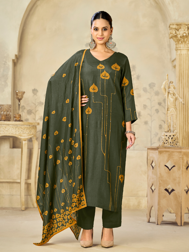 Olive Printed With Handwork Straight Kurta With Dyed Trousers And Flower Printed Dupatta