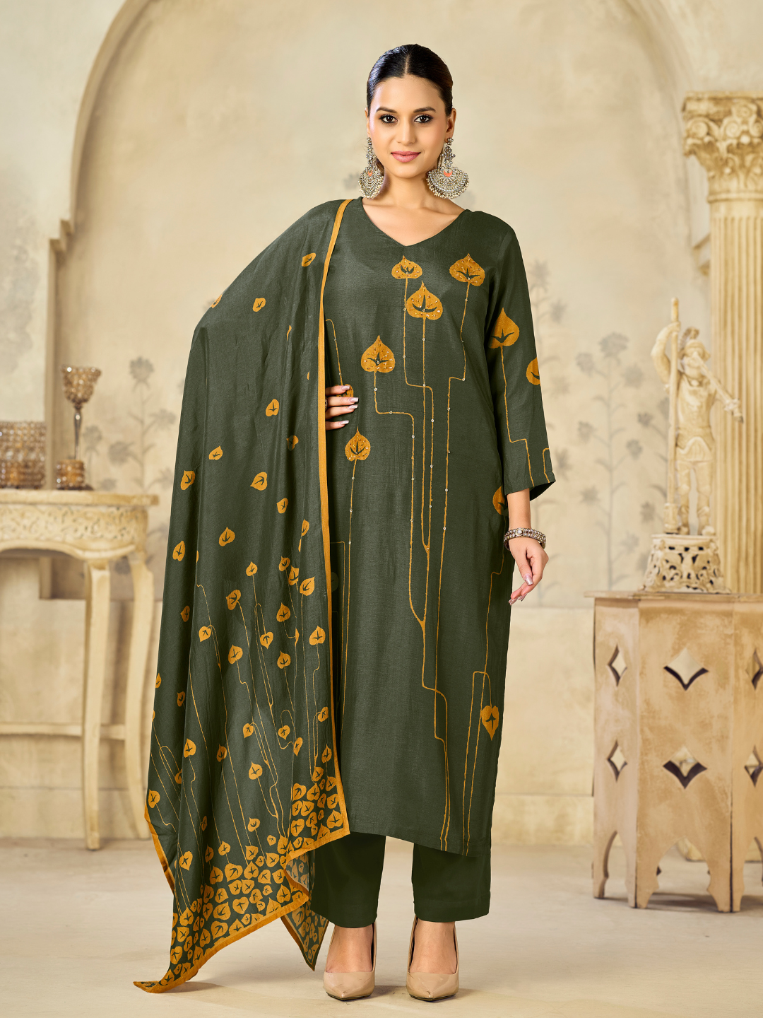 Olive Printed With Handwork Straight Kurta With Dyed Trousers And Flower Printed Dupatta