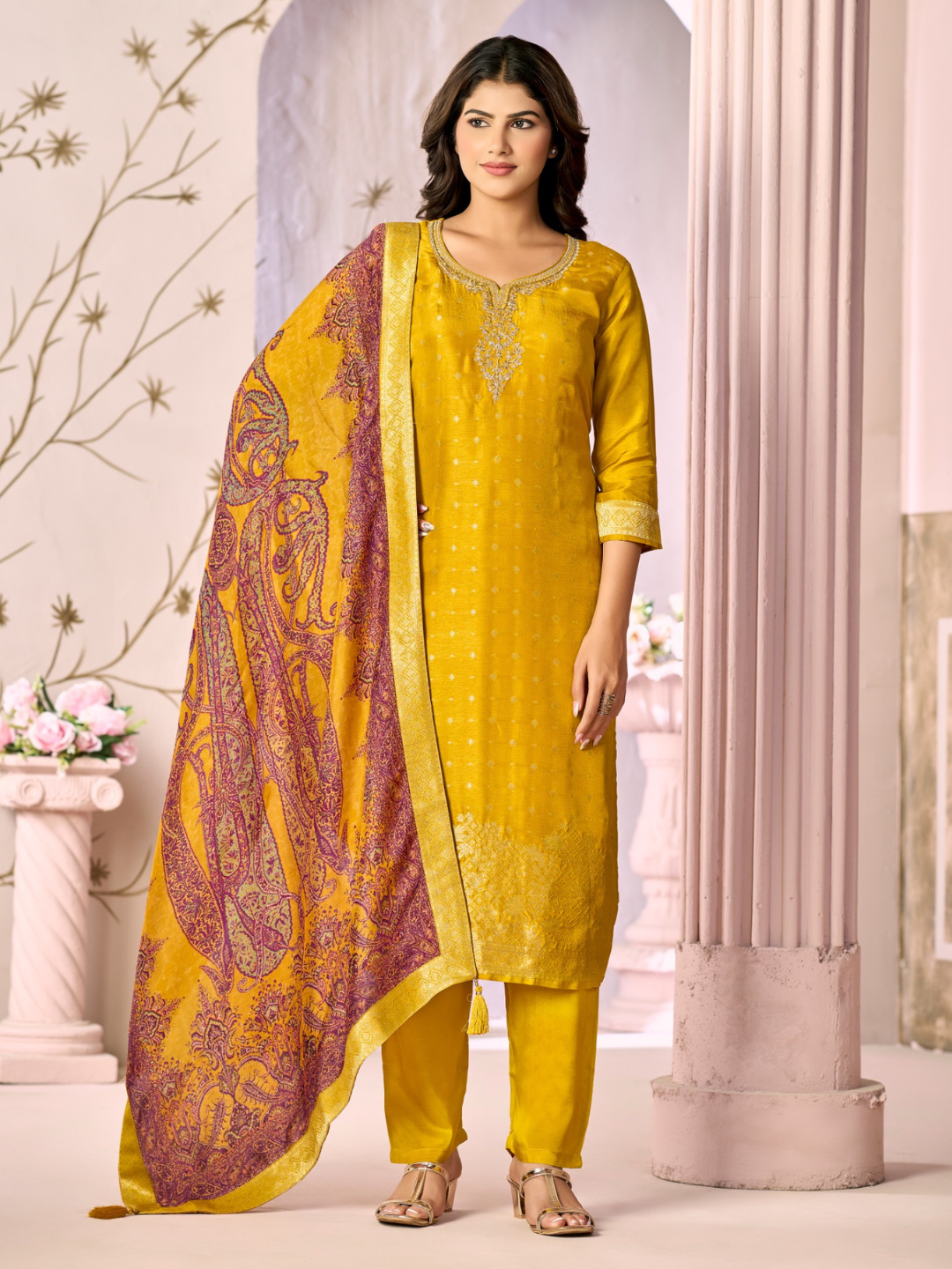 Mustard Jacquard With Embroidery Kurta With Dyed Trousers And Printed Dupatta