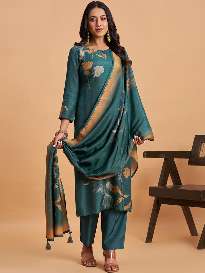 Women's Teal Blend Embellished Kurta With Trouser And Dupatta