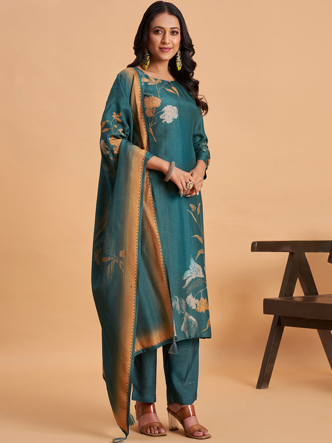 Women's Teal Blend Embellished Kurta With Trouser And Dupatta