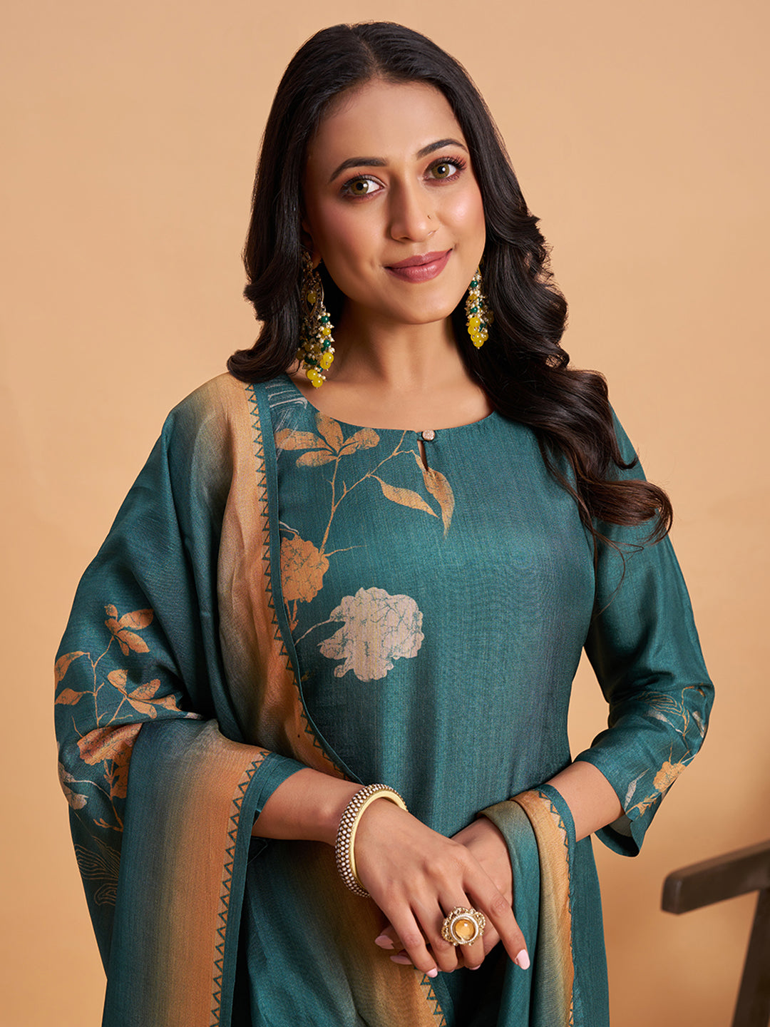 Women's Teal Blend Embellished Kurta With Trouser And Dupatta