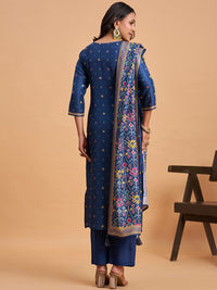 Women's Navy Blue Blend Embellished Kurta With Trouser And Dupatta