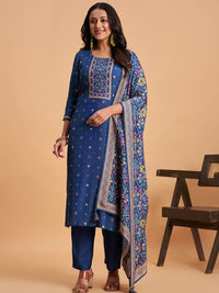 Women's Navy Blue Blend Embellished Kurta With Trouser And Dupatta