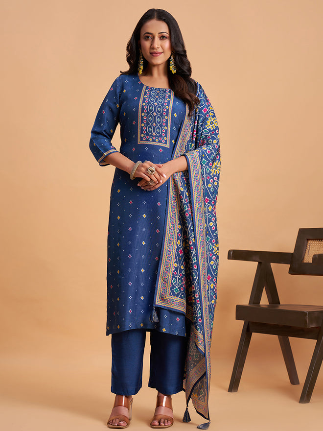 Women's Navy Blue Blend Embellished Kurta With Trouser And Dupatta