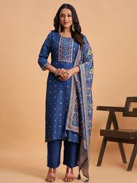 Women's Navy Blue Blend Embellished Kurta With Trouser And Dupatta