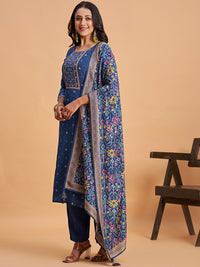 Women's Navy Blue Blend Embellished Kurta With Trouser And Dupatta