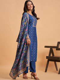 Women's Navy Blue Blend Embellished Kurta With Trouser And Dupatta