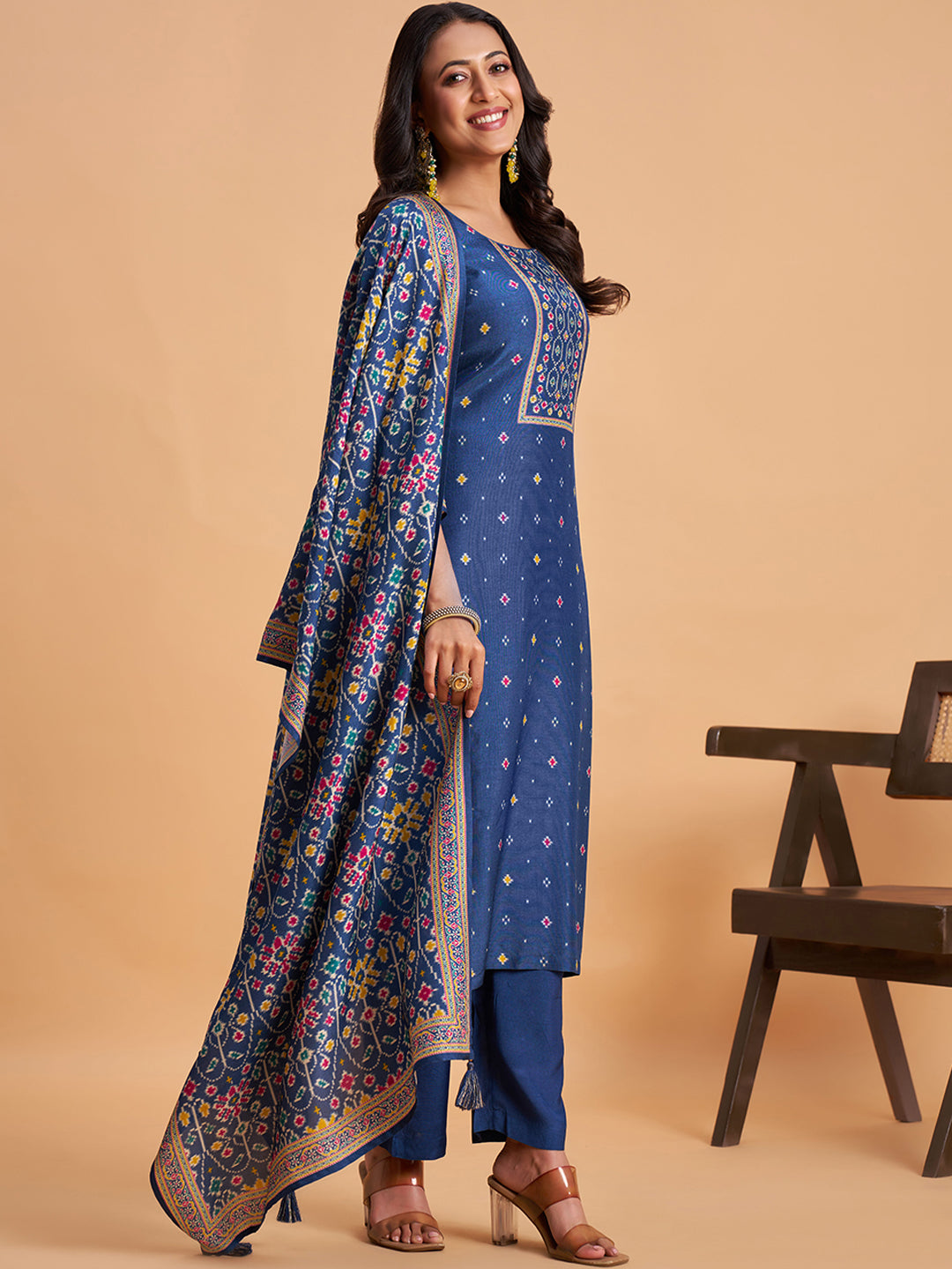 Women's Navy Blue Blend Embellished Kurta With Trouser And Dupatta