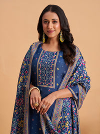 Women's Navy Blue Blend Embellished Kurta With Trouser And Dupatta