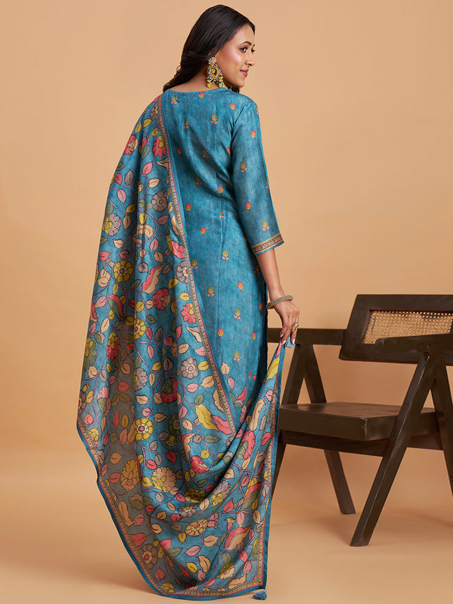 Women's Blue Blend Embellished Kurta With Trouser And Dupatta