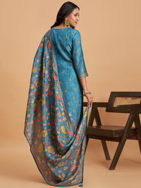 Women's Blue Blend Embellished Kurta With Trouser And Dupatta