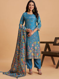 Women's Blue Blend Embellished Kurta With Trouser And Dupatta