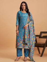 Women's Blue Blend Embellished Kurta With Trouser And Dupatta