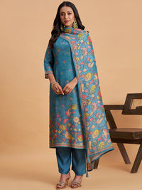 Women's Blue Blend Embellished Kurta With Trouser And Dupatta