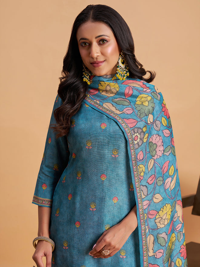 Women's Blue Blend Embellished Kurta With Trouser And Dupatta