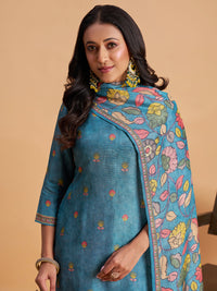 Women's Blue Blend Embellished Kurta With Trouser And Dupatta