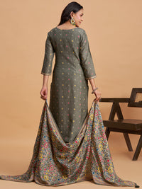 Women's Olive Grey Blend Embellished Kurta With Trouser And Dupatta