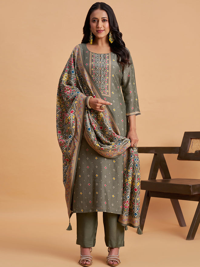 Women's Olive Grey Blend Embellished Kurta With Trouser And Dupatta