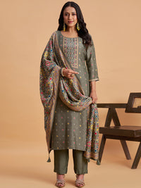 Women's Olive Grey Blend Embellished Kurta With Trouser And Dupatta