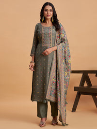 Women's Olive Grey Blend Embellished Kurta With Trouser And Dupatta
