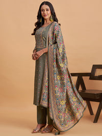 Women's Olive Grey Blend Embellished Kurta With Trouser And Dupatta