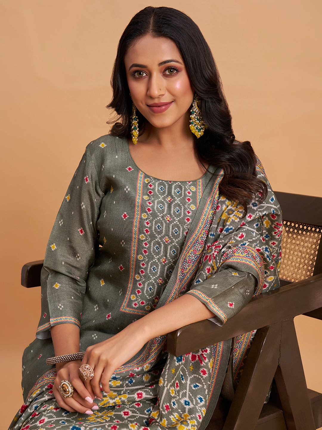 Women's Olive Grey Blend Embellished Kurta With Trouser And Dupatta