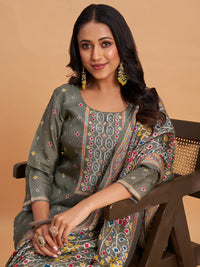 Women's Olive Grey Blend Embellished Kurta With Trouser And Dupatta