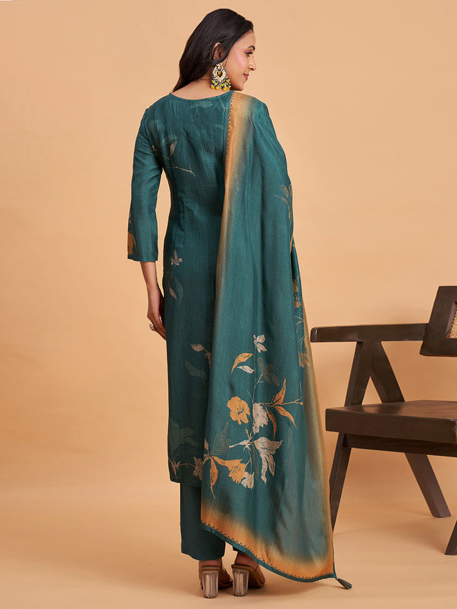 Women's Teal Blend Embellished Kurta With Trouser And Dupatta