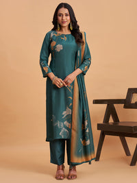 Women's Teal Blend Embellished Kurta With Trouser And Dupatta