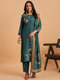 Women's Teal Blend Embellished Kurta With Trouser And Dupatta