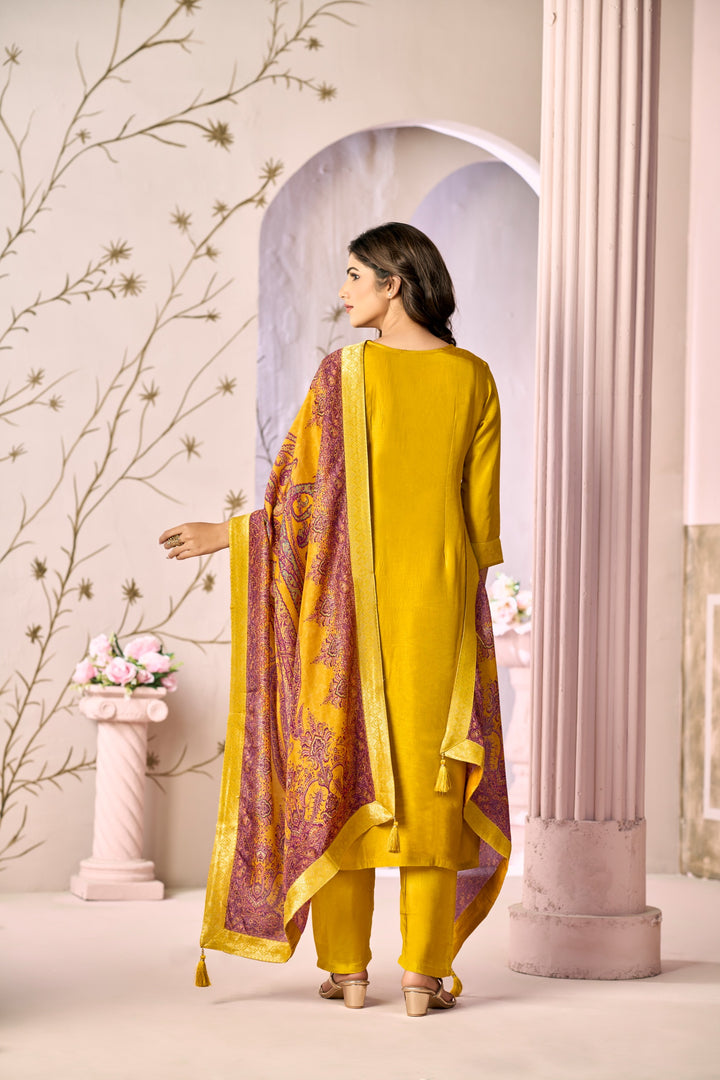 Mustard Jacquard With Embroidery Kurta With Dyed Trousers And Printed Dupatta