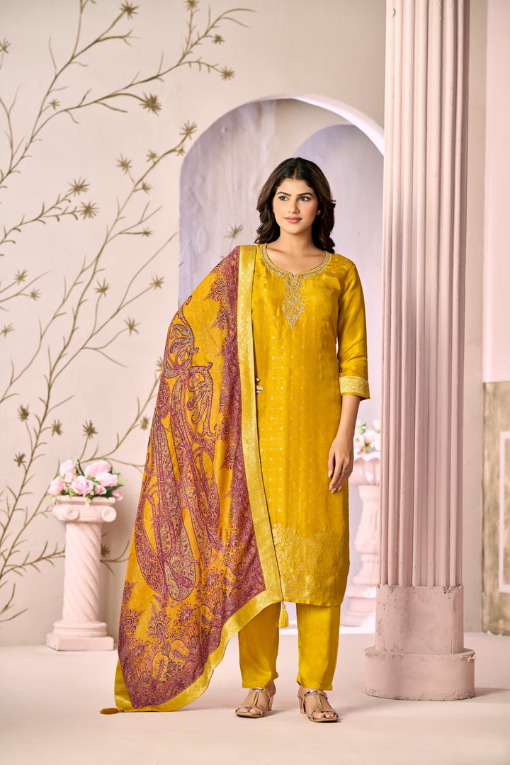 Mustard Jacquard With Embroidery Kurta With Dyed Trousers And Printed Dupatta