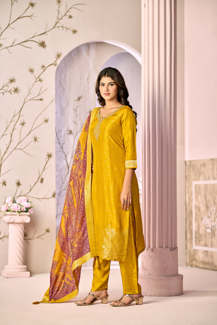Mustard Jacquard With Embroidery Kurta With Dyed Trousers And Printed Dupatta