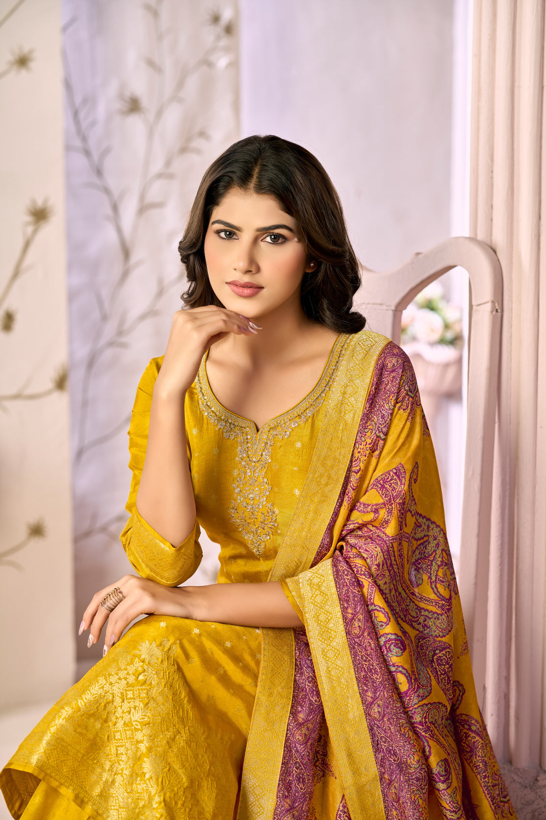 Mustard Jacquard With Embroidery Kurta With Dyed Trousers And Printed Dupatta