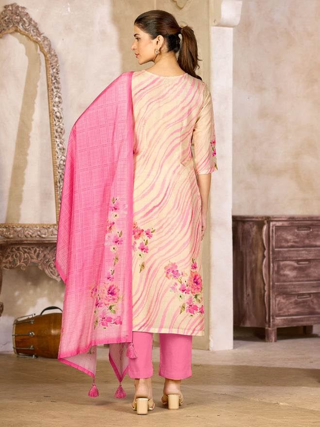 Beige Viscose Kurta Set with Contrast Floral and Stripe Printed Work, Paired with Cambric Cotton Bottom and a Matching Viscose Dupatta
