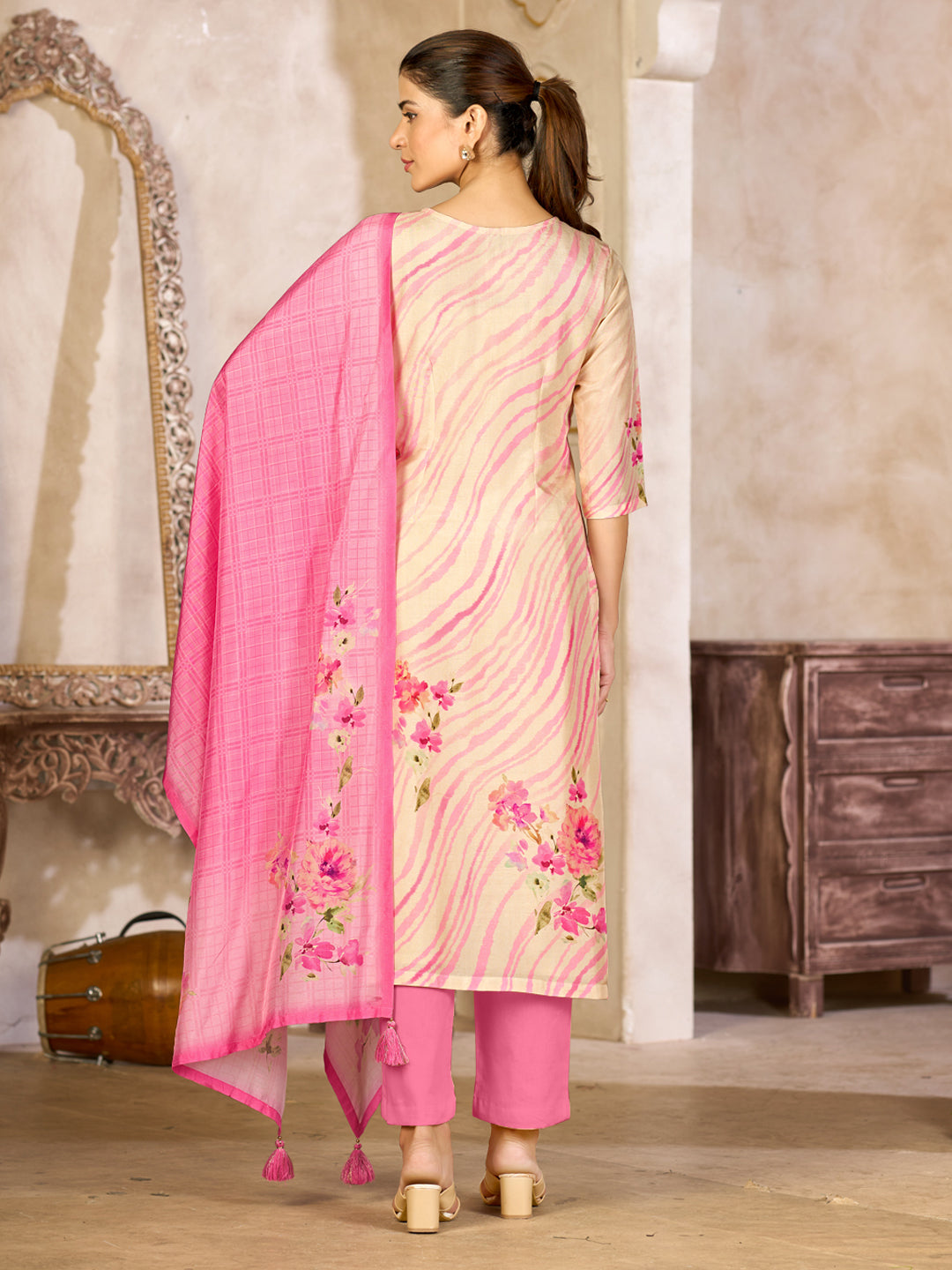 Beige Viscose Kurta Set with Contrast Floral and Stripe Printed Work, Paired with Cambric Cotton Bottom and a Matching Viscose Dupatta