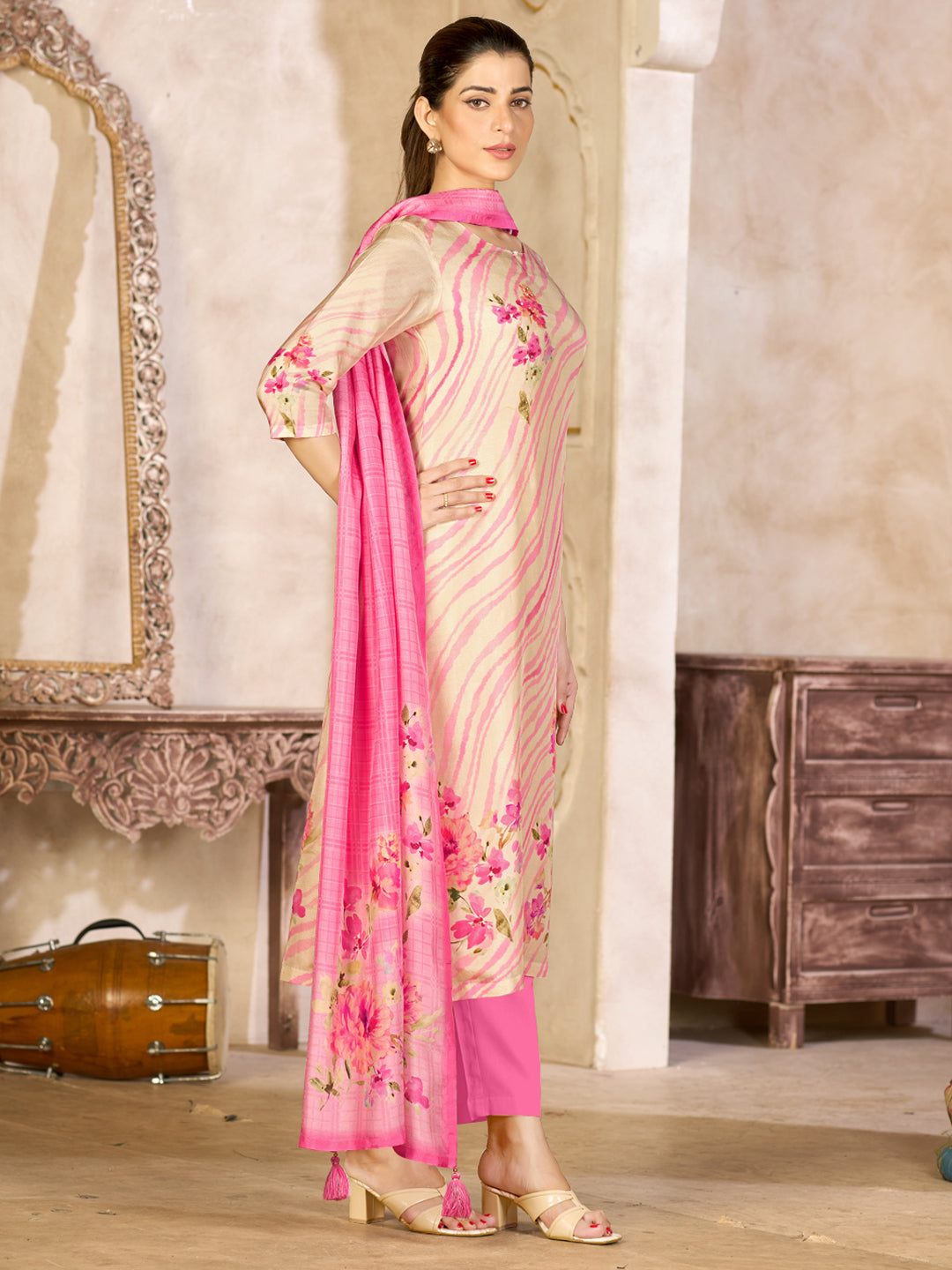 Beige Viscose Kurta Set with Contrast Floral and Stripe Printed Work, Paired with Cambric Cotton Bottom and a Matching Viscose Dupatta